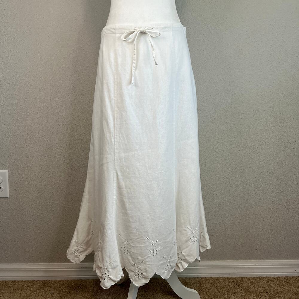 Edward Maxi Skirt Women's 6 White Linen Blend Eyelet Drawstring A-Line Classic